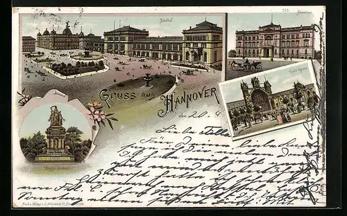 Lithographie Hannover, Bahnhof mit Anlagen, Tivoli-Garten, Kriegerdenkmal