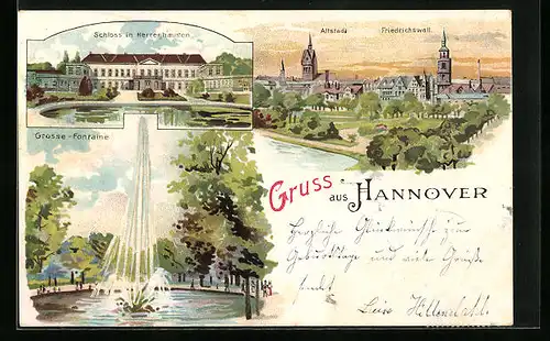 Lithographie Hannover, Schloss in Herrenhausen, Teilansicht der Altstadt mit Friedrichswall