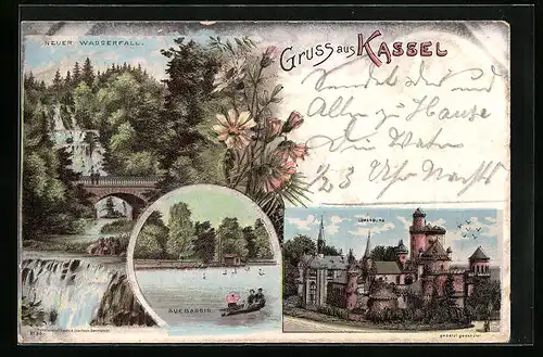 Lithographie Kassel, Löwenburg, Neuer Wasserfall, Auebassin