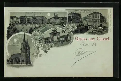 Mondschein-Lithographie Kassel, Postgebäude am Königsplatz, St. Martinskirche, Au-Tor