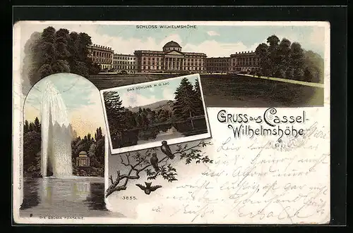 Lithographie Kassel-Wilhelmshöhe, Schloss Wilhelmshöhe, Das Schloss m. d. Lac, Die grosse Fontaine