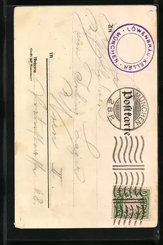 Lithographie München, Gasthaus Löwenbräukeller, Theatinerkirche & Feldherrnhalle