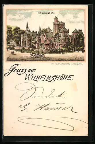 Lithographie Wilhelmshöhe, Die Löwenburg mit Pferdewagen