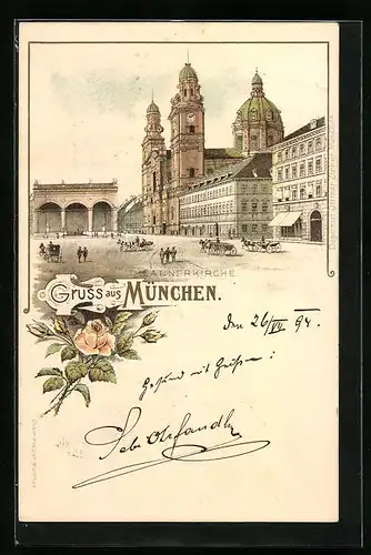 Vorläufer-Lithographie München, 1894, Theatinerkirche mit Pferdekutschen