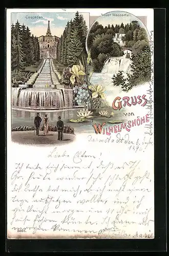 Lithographie Kassel-Wilhelmshöhe, Cascaden, Neuer Wasserfall
