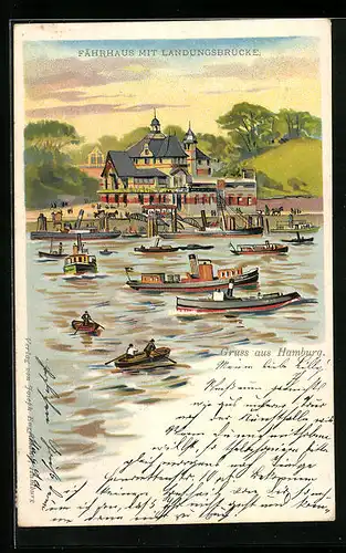 Lithographie Hamburg, Helgoländer Fährhaus mit Dampfern an der Landungsbrücke