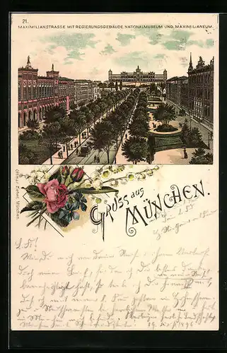 Lithographie München, Maximilianstrasse mit Regierungsgebäude, Nationalmuseum und Maximilianeum