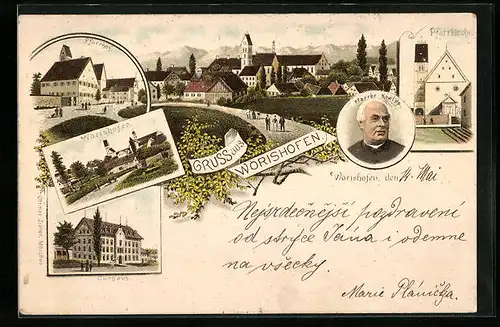Vorläufer-Lithographie Wörishofen, 1893, Kurhaus, Pfarrhof, Pfarrer Kneipp