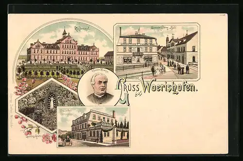 Lithographie Wörishofen, Geromillers Bad, Kinderasyl, Pfarrer Kneipp