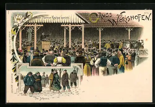 Lithographie Wörishofen, Msgr. Pfarrer Kneipp spricht, Im Schnee