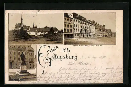 Lithographie Augsburg, Hotel 3 Mohren und Fuggerhaus, Schloss Wollenburg, Fuggerdenkmal