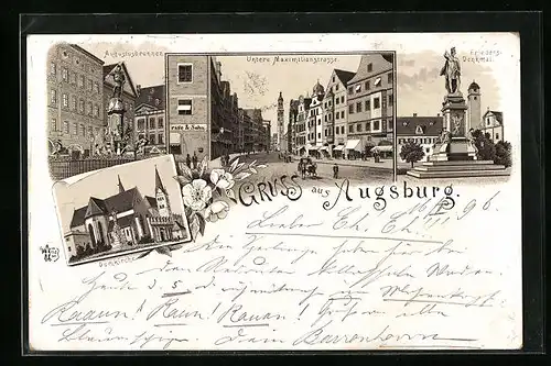 Lithographie Augsburg, Domkirche, Augustusbrunnen, Friedensdenkmal