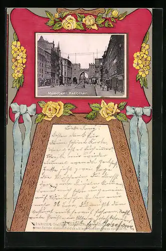 Präge-AK München, Karlstor mit Cafe und Geschäften