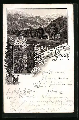 Vorläufer-Lithographie Graseck, 1895, Hotel Forsthaus, Partnachklamm
