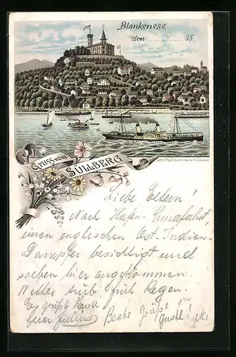 Lithographie Hamburg-Blankenese, Süllberg mit Dampfern