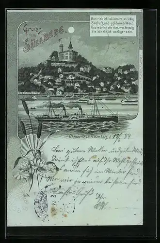 Mondschein-Lithographie Blankenese b. Hamburg, Süllberg mit Dampfer