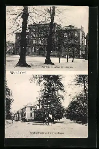 AK Hamburg-Wandsbek, Matthias Claudius Gymnasium, Goethestrasse und Curvenstrasse mit Radfahrer