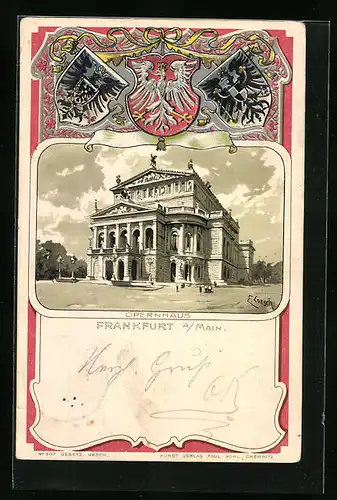 Passepartout-Lithographie Frankfurt a. Main, Opernhaus, Wappen