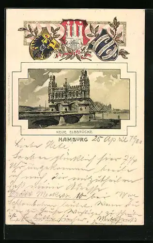 Passepartout-Lithographie Hamburg-Rothenburgsort, Neue Elbbrücke, Wappen