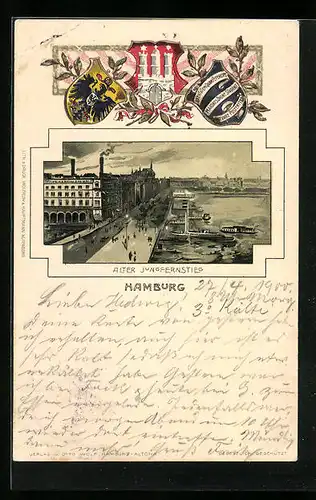 Passepartout-Lithographie Hamburg-Neustadt, Alter Jungfernstieg mit Booten, Wappen