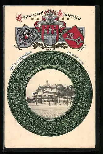 Passepartout-Lithographie Hamburg-St.Pauli, St. Pauli Fährhaus, Wappen von Lübeck, Hamburg u. Bremen