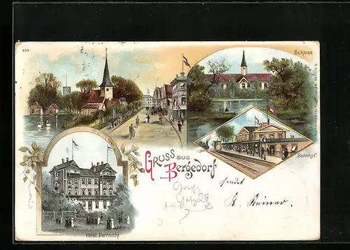 Lithographie Bergedorf, Hotel Fernsicht, Schloss, Bahnhof