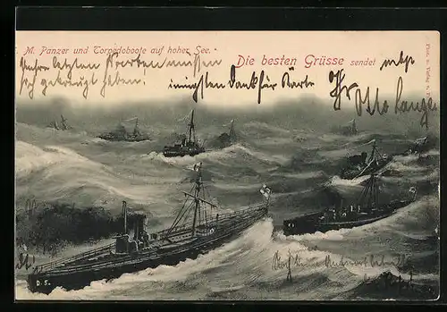 Künstler-AK M. Panzer und Torpedoboote auf hoher See