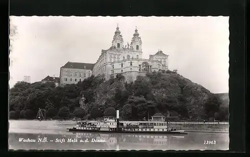 AK Wachau, Stift Melk mit Donaudampfer Aschach