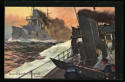 Künstler-AK Torpedoboots-Angriff vom Deck eines Schiffes gesehen