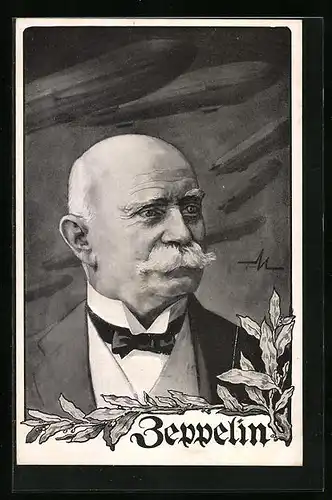 Künstler-AK Portrait des Grafen Ferdinand von Zeppelin mit Lorbeer im Halbprofil