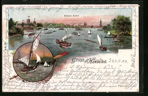 Lithographie Hamburg, Aussen Alster, Uferpartie mit Segelbooten
