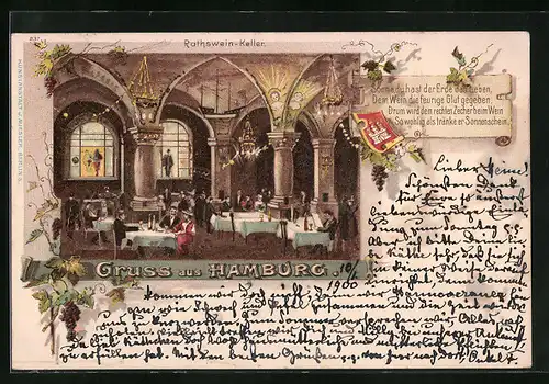 Lithographie Hamburg, Gasthaus Ratswein-Keller, Innenansicht