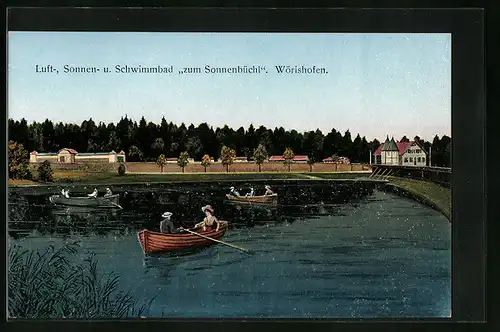 AK Wörishofen, Luft-, Sonnen- u. Schwimmbad zum Sonnenbüchl mit Booten