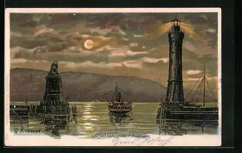 Künstler-AK Lindau, Bodensee und Hafeneinfahrt mit Leuchtturm bei Mondschein