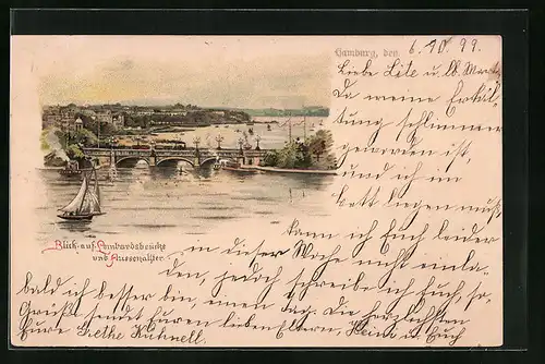 Lithographie Hamburg-Neustadt, Blick auf Lombardsbrücke und Aussenalster