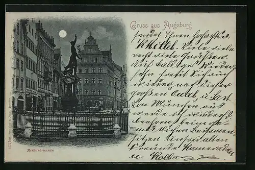 Mondschein-AK Augsburg, Strassenpartie mit Geschäften und Merkurbrunnen