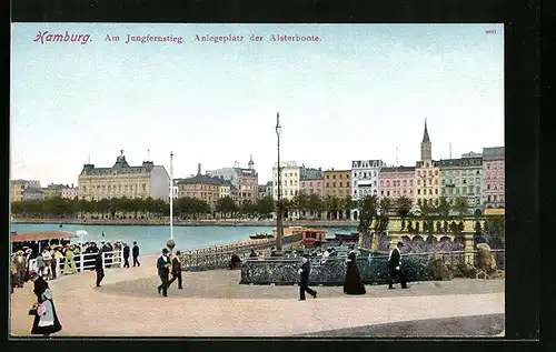 AK Hamburg-Jungfernstieg, Passagiere am Anlegeplatz der Alsterboote