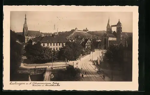 AK Esslingen, Blick auf die Stadtkirche und Burg im Hintergrund