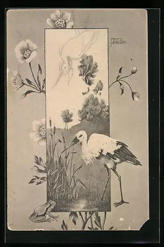 Künstler-AK Storch und Frosch vor einer Landschaft