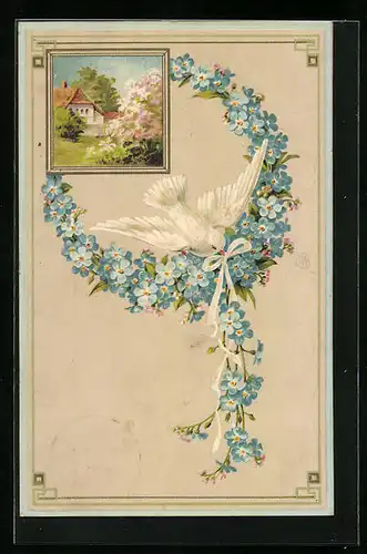 Präge-AK Weisse Taube mit Blumenkranz, Frühlingsidylle