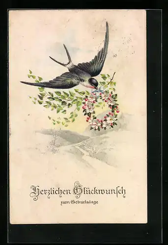 Künstler-AK Fliegende Schwalbe mit Blumenkranz und Zweig - Geburtstagsgruss