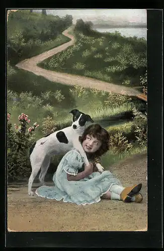 Künstler-AK Kleines Mädchen mit jungem Terrier vor einer Landschaft