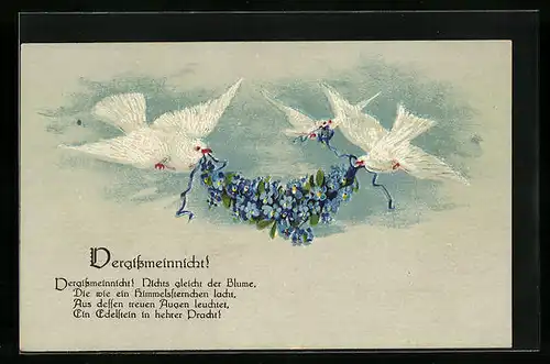 Künstler-AK Drei fliegende Tauben mit Vergissmeinnicht-Girlande