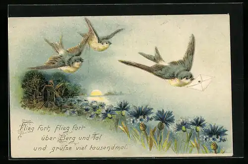 Künstler-AK Fliegende Schwalben mit einem Brief