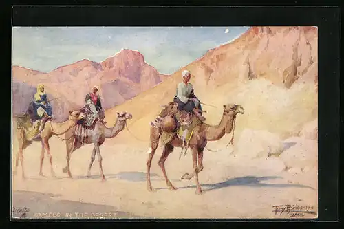 Künstler-AK Drei Reiter auf Kamelen in der Wüste