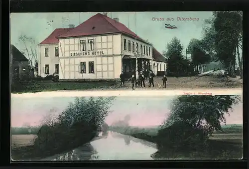 AK Ottersberg, Gieschens Hotel mit Famile auf der Strasse, Flusspartie
