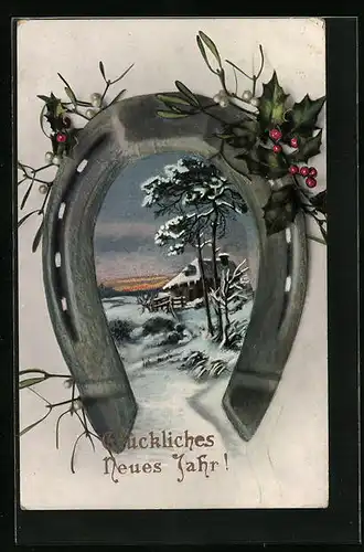Künstler-AK Glückliches Neujahr mit Hufeisen und Winterlandschaft