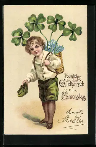 Präge-AK Glückwünsche zum Namenstag, Junge mit Kleeblättern