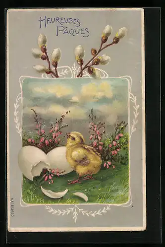 Präge-AK Osterküken mit Palmkätzchenzweigen