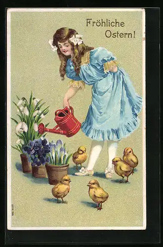 Präge-AK Fröhliche Ostern, Mädchen mit Osterküken